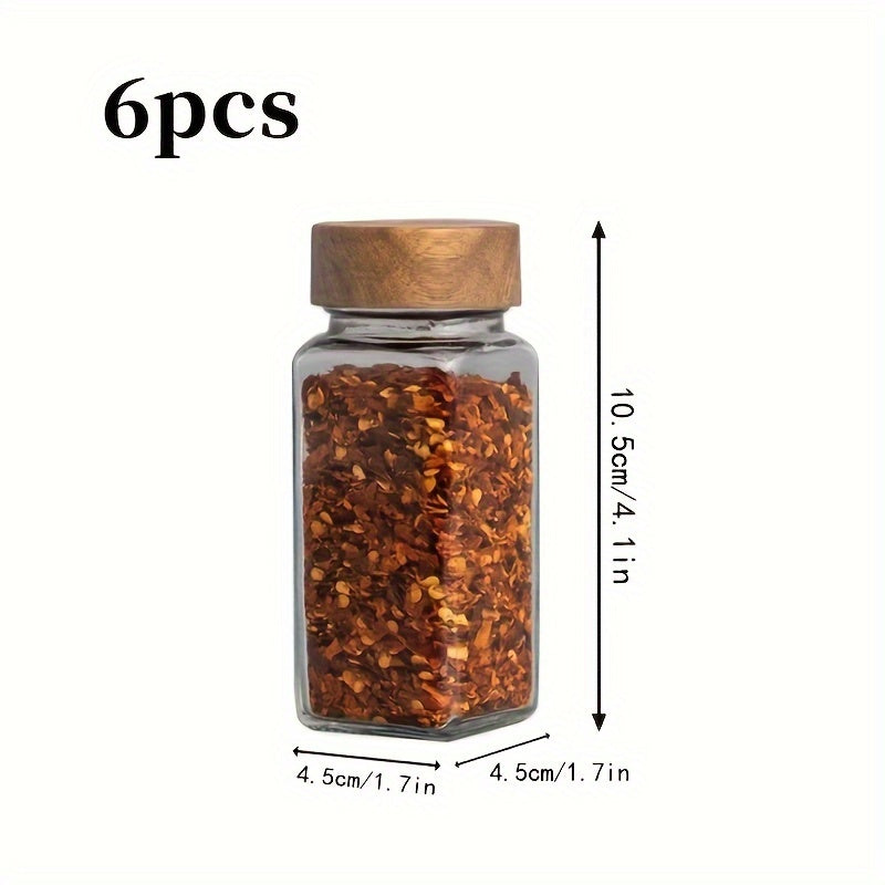 Juego de 12/6 tarros de especias de vidrio con tapas de madera, resistente a la herrumbre, contenedores de condimentos de vidrio con patrón con soporte