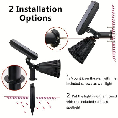 2 piezas de luces solares de 9 LED, IP65, impermeables, exteriores, RGB, solares, de paisaje, con brillo ajustable para jardines, patios, árboles, garajes, patios traseros, decoración de césped, farolas de calle, luces de foco.