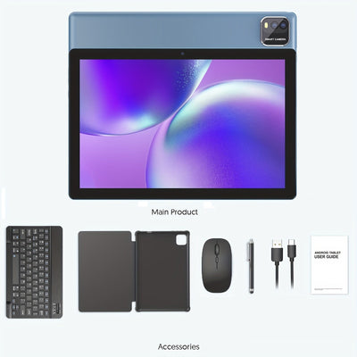 Tableta Android 15 nueva de 2025 con pantalla HD protectora ocular de 10.1 pulgadas, 64GB ROM, 12GB (3GB + 9GB) RAM, incluye teclado, mouse, funda protectora y lápiz óptico, procesador quad-core, cámaras IPS 1280*800, batería grande de 6000mAh, WiFi6 5G,