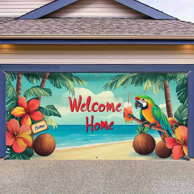 1 pieza, letrero de puerta de garaje de pavo tropical de playa, gran decoración al aire libre con letrero "Bienvenidos a casa", palmeras y diseño floral vibrante, perfecto para Navidad, fiestas de vacaciones y fondos temáticos de playa, decoración temáti