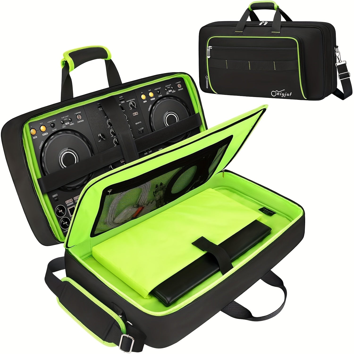Estuche SNIGJAT para Controlador DJ Pioneer DDJ-FLX4/400/REV1 - Bolsa Acolchada con 5 Bolsillos y Correa de Hombro Ajustable, Protección para Equipo y Accesorios de DJ ( con Detalles en Verde Neón), Estuche Portátil, Diseño Multipocket, Construcción Refo