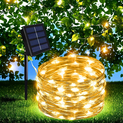 Luces de cadena LED solares - 8 modos, luces parpadeantes de alambre de cobre blanco/caliente/multicolor - Adecuadas para patio, jardín, Navidad, decoración de bodas - Longitud de 7,0 m a 32,0 m, luces de cadena para fiestas | Efecto de luz parpadeante