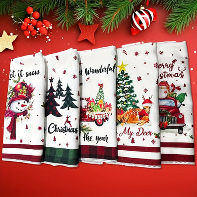 Conjunto de 5 Toallas Festivas de Navidad y San Valentín - Microfibra de Alta Absorción, Diseños de Copo de Nieve y Corazón - Perfecto para Decoración de Cocina y Baño, Decoración Navideña, Adornos de Navidad