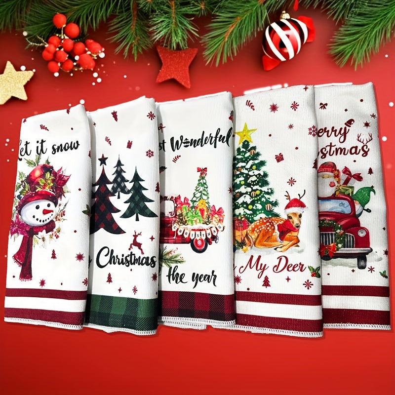 Conjunto de 5 Toallas Festivas de Navidad y San Valentín - Microfibra de Alta Absorción, Diseños de Copo de Nieve y Corazón - Perfecto para Decoración de Cocina y Baño, Decoración Navideña, Adornos de Navidad