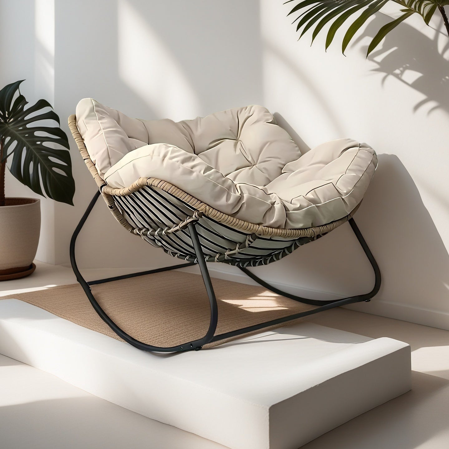 Mecedora de Hierro Tejido Rústico Vintage con Cojín Trenzado a Mano - Adecuada para Todas las Estaciones, Silla Decorativa de Estilo Campestre Americano para Sala, Balcón o Patio - Ideal para 13 Ocasiones Festivas