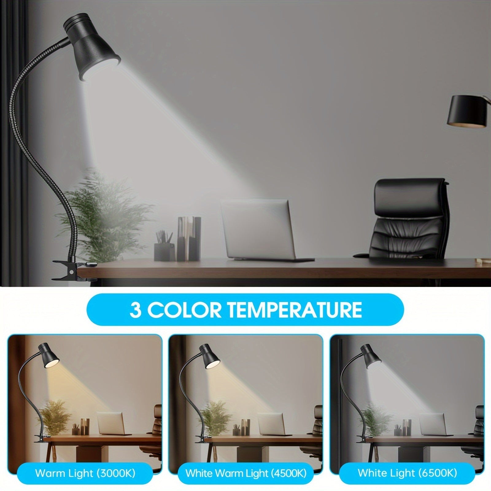 1pc HOTU Lámpara de escritorio con clip ajustable de 360°, luz de lectura de mesa con alimentación USB, 3 ajustes de temperatura de color, control de botón pulsador regulable, cuello flexible para mesita de noche, estudio y manualidades - Plástico, tema