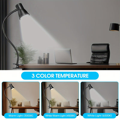 1pc HOTU Lámpara de escritorio con clip ajustable de 360°, luz de lectura de mesa con alimentación USB, 3 ajustes de temperatura de color, control de botón pulsador regulable, cuello flexible para mesita de noche, estudio y manualidades - Plástico, tema