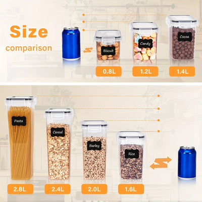 Juego de 7 Contenedores Herméticos para Almacenamiento de Alimentos Libres de BPA con Tapas - Tarros de Plástico PP para Harina, Azúcar y Cereales - Incluye Etiquetas, Ideal para Conservación de Alimentos
