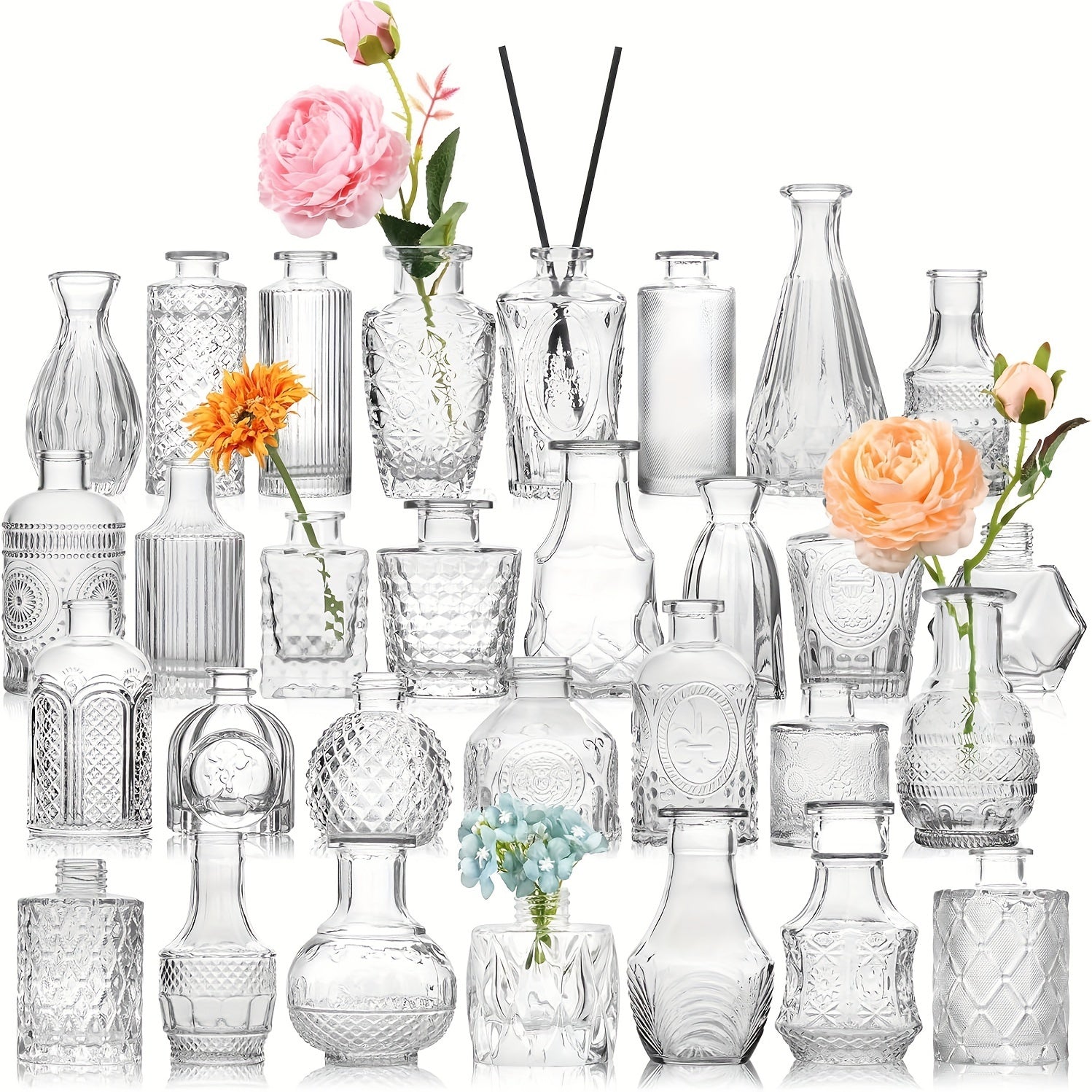 Juego de 10/20/25/30 Jarrones de Vidrio Transparente con Relieve para Arreglos Florales, Adecuado para Decorar Bodas, Escritorios de Oficina, Salas de Estar, Cocinas, Mesas de Comedor, Fiestas, Decoraciones para Cenas a la Luz de las Velas