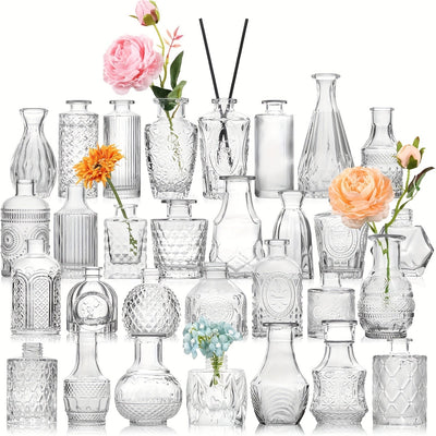 Juego de 10/20/25/30 Jarrones de Vidrio Transparente con Relieve para Arreglos Florales, Adecuado para Decorar Bodas, Escritorios de Oficina, Salas de Estar, Cocinas, Mesas de Comedor, Fiestas, Decoraciones para Cenas a la Luz de las Velas