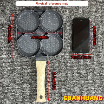 Sartén de Huevos y Tortillas Antiadherente de Aleación de Aluminio GUANHUANG con Mango de Madera, Cocina para Desayuno con 4 Compartimentos para Estufa de Gas e Inducción, Ideal para Huevos, Salchichas y Más