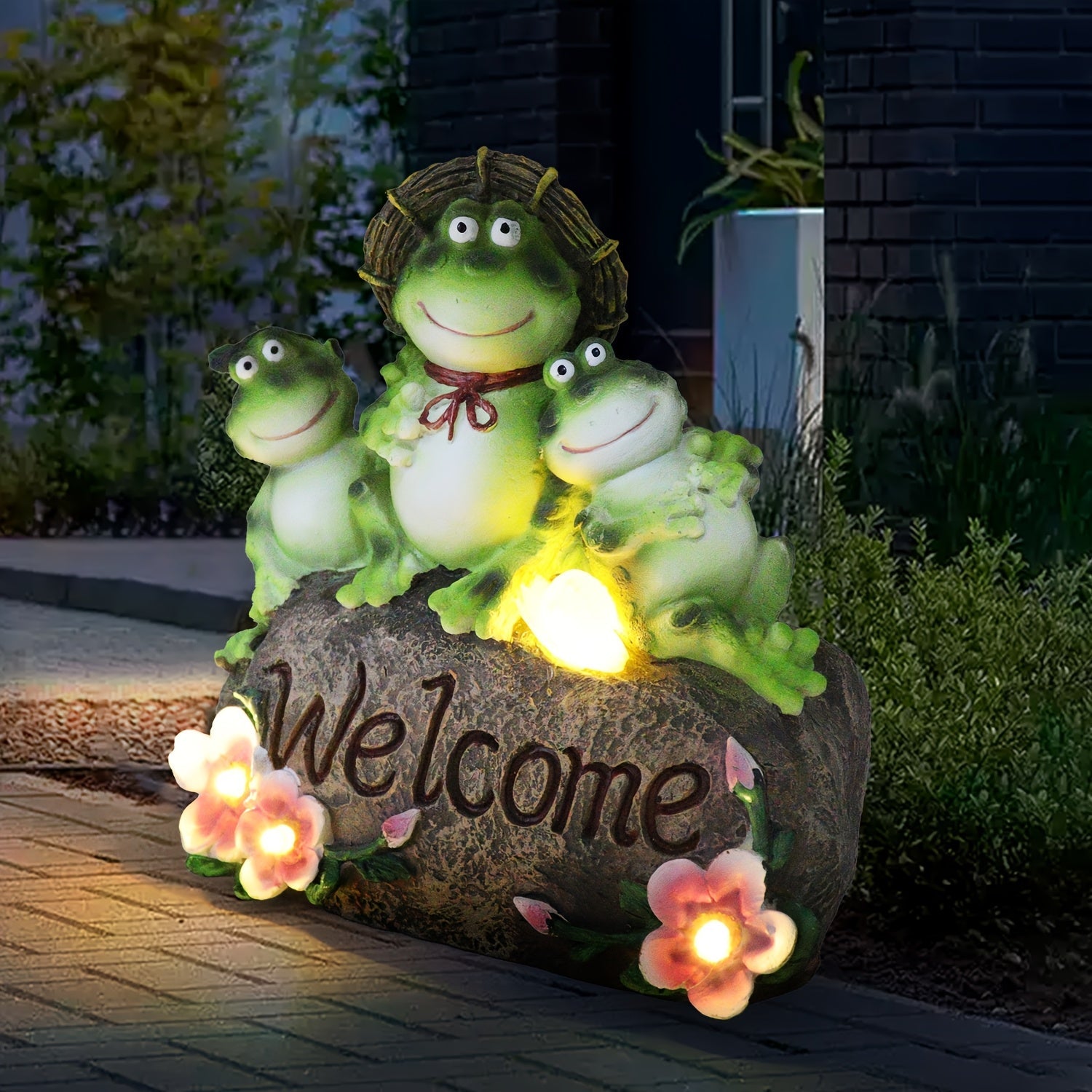 1 pieza de estatua solar de rana para jardín, decorada con luces LED, adorno exterior resistente al clima, adornado con patrones florales, ideal para césped y decoración de patio o jardín