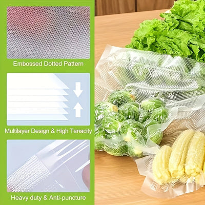 300cm*(28+25+20+15+12) Un conjunto de bolsas selladas al vacío con 5 tamaños no contiene Bisfenol A. La bolsa de vacío para alimentos se utiliza para el almacenamiento de alimentos, bolsas selladas al vacío, carne, frutas, verduras, harina y envasado de