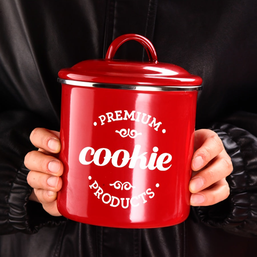 1pc Tarro de Galletas de Esmalte con Tapa Abatible, Reutilizable, Apto para Lavavajillas, Forma Redonda, Perfecto para Regalos de Navidad y Almacenamiento de Cocina