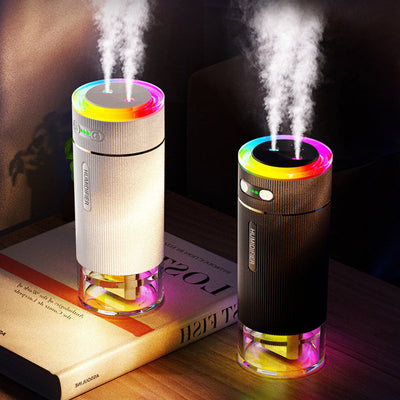 1 ud. Humidificador Portátil Pequeño para Dormitorio - [Doble Boquilla de Niebla Fría Grande] [Iluminación Ambiental] [Encendido/Apagado Inteligente en el Coche] Tecnología de Onda Sonora Mini Humidificadores Personales de Escritorio para Viaje Oficina,