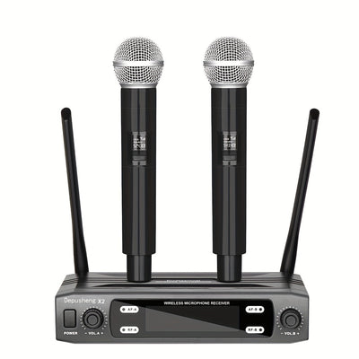 DEPUSHENG Sistema de Micrófono sin varillas Profesional 2/4 Canales con Sonido HD, Anti-Interferencias, Receptor Portátil y Pantalla LCD - Microfónos Mano/Cuello/Cabeza para KTV, Escenarios, Reuniones (Alimentado por Batería, Enchufe US), Micrófono Portá
