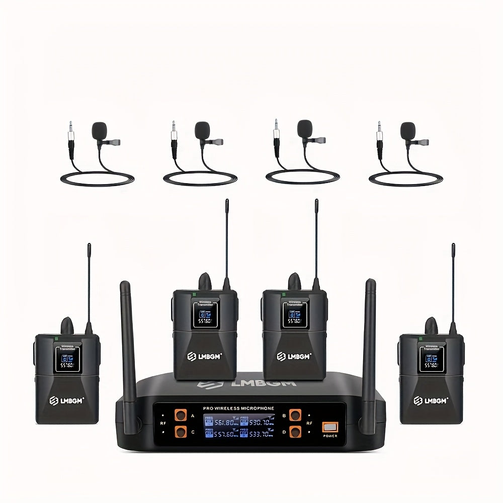 Sistema de micrófono inalámbrico LMBGM Pro 4 canales 4 Bodypacks Lavalier 4 Micrófonos de solapa 4 Auriculares para sistema de karaoke Iglesia Hablando Conferencia Boda Fiesta.