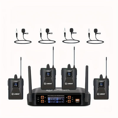 Sistema de micrófono inalámbrico LMBGM Pro 4 canales 4 Bodypacks Lavalier 4 Micrófonos de solapa 4 Auriculares para sistema de karaoke Iglesia Hablando Conferencia Boda Fiesta.