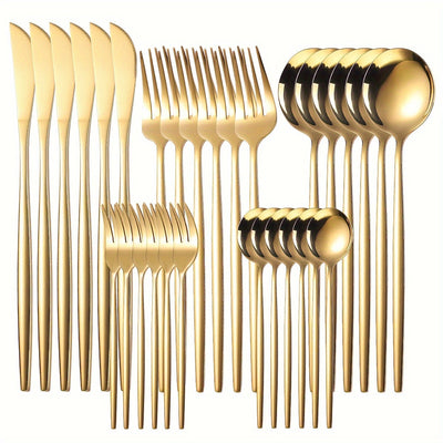 Juego de Vajilla Estilo Portugués de Acero Inoxidable de 30 Piezas, Cuchillo, Tenedor y Cucharas para Postre de Alta Gama, Apto para Lavavajillas, Ideal para Hogar, Cocina, Hotel, Restaurante, Fiestas, Festividades, Acción de Gracias, Pascua, Navidad y B