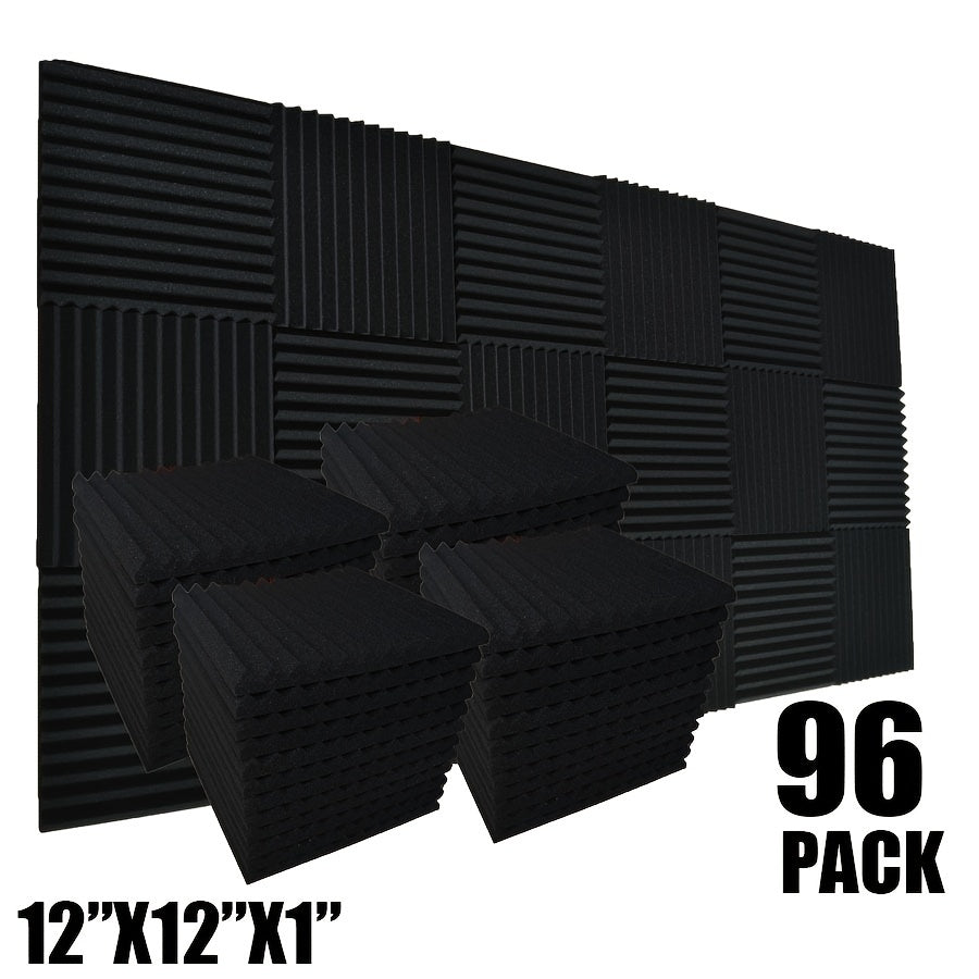 96 piezas de paneles acústicos de espuma negra VIBuilt, 30.48 cm x 30.48 cm x 2.54 cm - Baldosas insonorizadas de alta densidad para estudio, sala de música y sala de juegos, reducción de ruido, fácil instalación, duraderas y absorbentes, paneles insonor