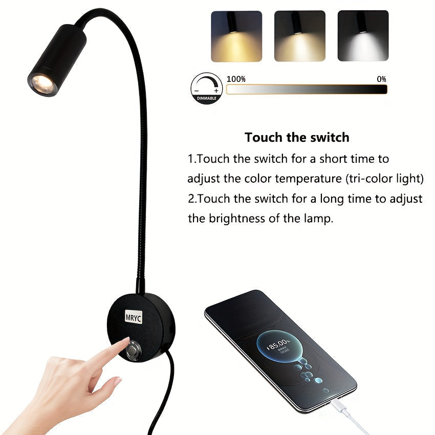 Linterna de Lectura LED con Foco Intenso, Luz Colgante de Pared con Cuello de Ganso Flexible, Interruptor Regulable Táctil, 3 Modos de Color, Luz Nocturna para Mesita de Noche y Escritorio