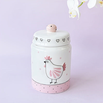 Tarro de Almacenamiento Elegante de Cerámica Rosa y Blanca con Diseño de Pollo en Relieve Bañado en Oro, Tapa con Perilla - Ideal para Galletas, Té y Objetos Pequeños | Solo Lavado a Mano