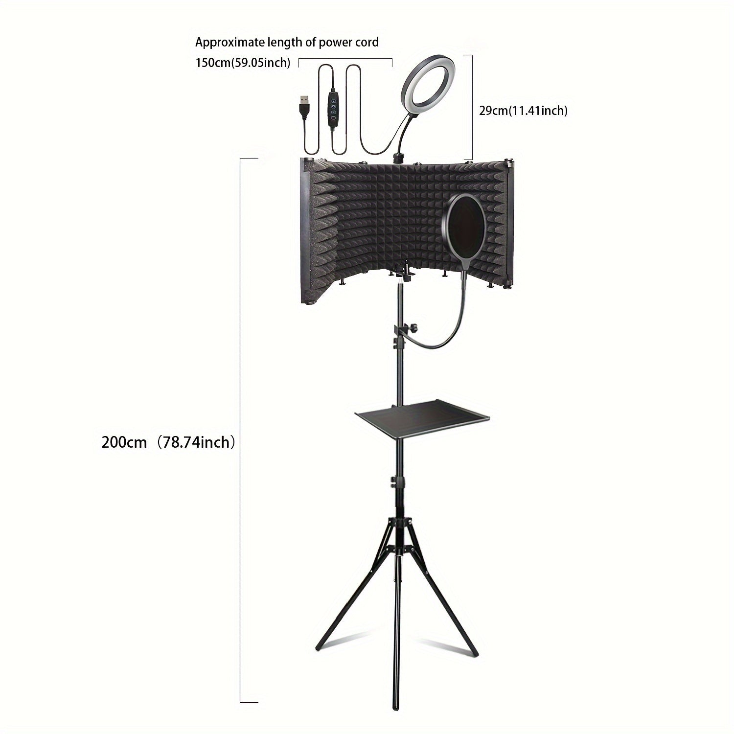Kit de micrófono de estudio GELEAFMIC con filtro antipop, soporte de trípode de altura ajustable y luz LED, pantalla acústica plegable para grabación, podcasting, transmisión en vivo, canto e instrumentos - Negro
