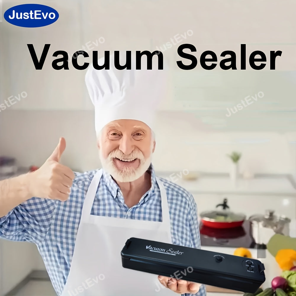 Selladora al Vacío JustEvo, Selladora de Alimentos con Bolsas para Frescura, Máquina de Sellado al Vacío con Sistema Automático de Cierre de Aire para Almacenamiento de Comida, Sellador y Calentador en 1