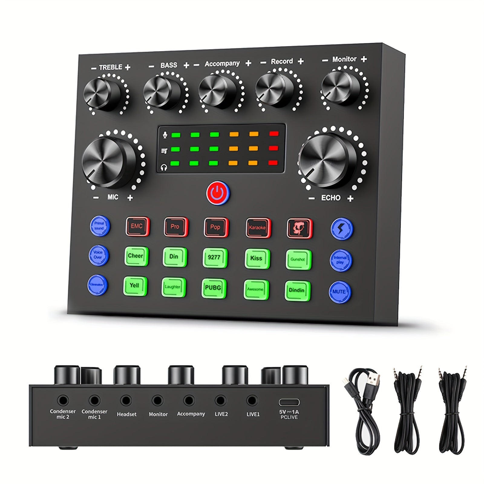 Interfaz de Audio V8S Pro con Efectos de Cambio de Voz - Alimentada por USB, Recargable de 500mAh, Tarjeta de Sonido ABS Negra para Grabación en PC, Canto, Streaming y Juegos, Incluye Conector para Micrófono y Auriculares