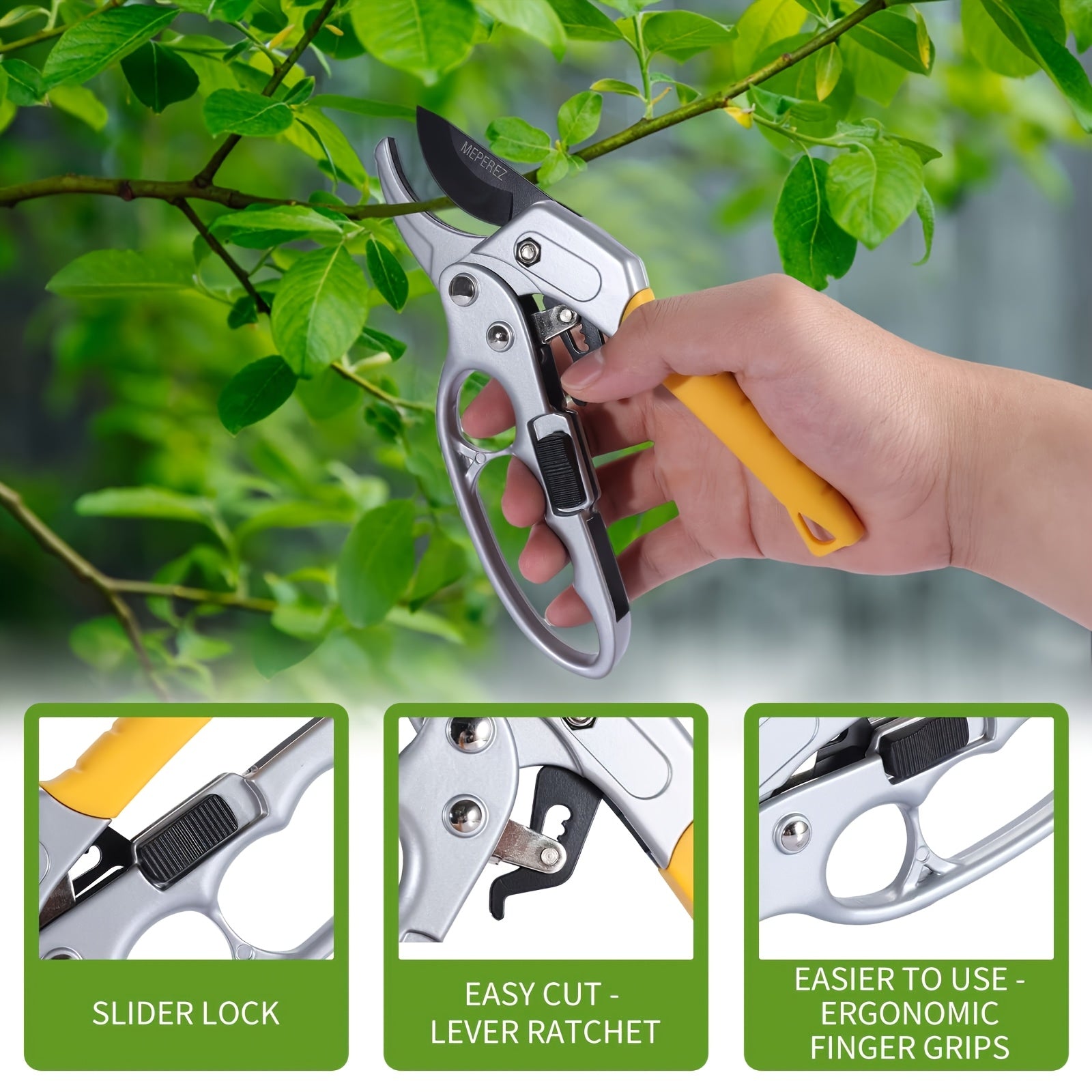 Tijeras de poda profesionales, tijeras de jardín de paso de oveja, hoja de acero, mango ergonómico, ratchet segmentado afilado, con bloqueo deslizante, para podar de manera eficiente, esenciales para el jardinería doméstico.
