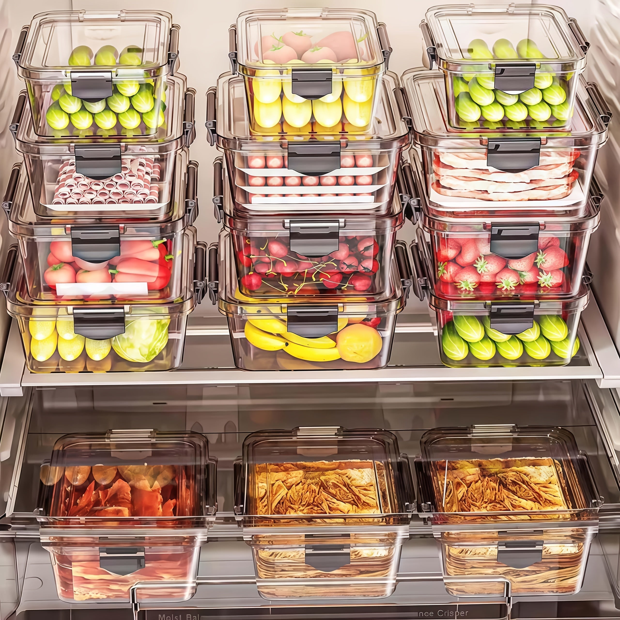 6pcs Cajas de Conservación de Alimentos para Refrigerador, Adecuadas para Nevera, Cocina, Sala de Estar, etc. Gran Capacidad con Sello Transparente Doble Hebilla Fácil de Ver, Ligero y de Alta Calidad