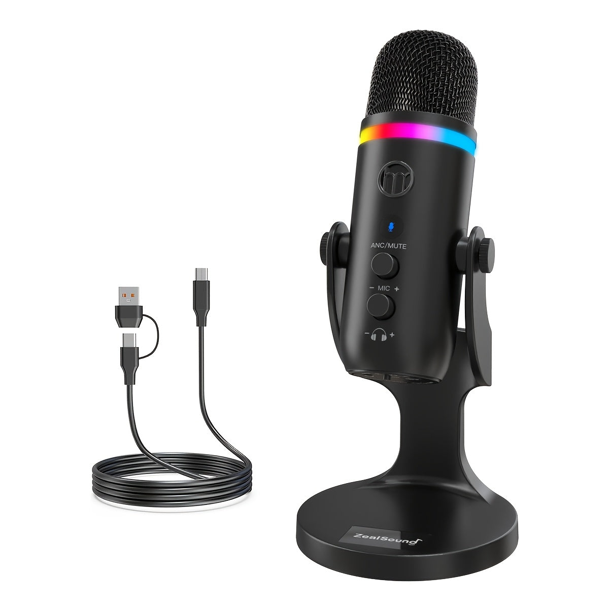 Micrófono USB ZealSound para PC/Mac/Windows/telefonos Type-C, micrófono de condensador con cancelación de ruido, silencio táctil, ganancia, eco, monitoreo, luz RGB para transmisión, podcast, Twitch, Discord, computadora, PS4, PS5, Mac, Gamer Wave