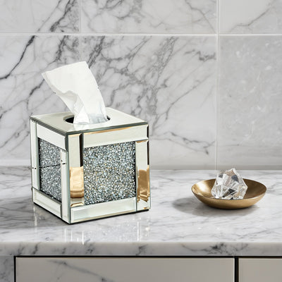 Lujo Caja de Pañuelos de Vidrio con Diamantes Triturados - Exquisito Soporte Cuadrado con Espejo y Cristales Brillantes para Decoración de Baño, Tocador y Mesa - Perfecto para Decoraciones de Halloween y Navidad