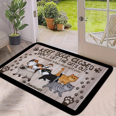 1pz Alfombra Antideslizante con Borde Ancho de Gatos de Dibujos Animados y Huellas, Mensaje Divertido "Mantén la Puerta Cerrada", Tapete de Bienvenida 100% Poliéster para Entradas, Porche, Decoración del Hogar, Alfombra Interior/Exterior Lavable en Máqui