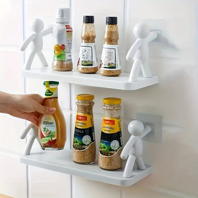 Estantes de pared modernos de plástico con figuras humanoides - Estantería de almacenamiento de varios niveles para baño, cocina o decoración de baño, detalles blancos y dorados, diseño de colgamiento de pared, estantes de baño | Estantes de pared modern