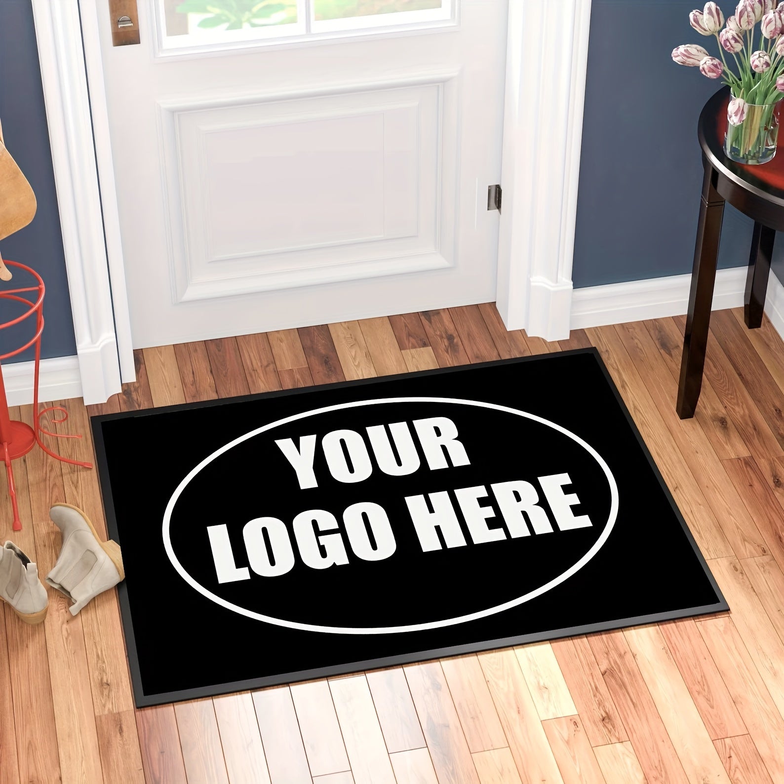 Felpudo de terciopelo cristal grueso de 1kg/m² con respaldo de silicona personalizable, alfombra de entrada para decoración del hogar, solo lavado a mano, 100% poliéster, negro con espacio para texto en blanco