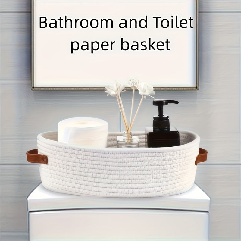 Canasta de Almacenamiento Tejida Nórdica - Organizador de Tela Blanca para Baño, Encimera y Escritorio - Decoración Rústica con Asas Resistentes, Cesta Multiusos Duradera para Cosméticos, Llaves y Objetos Varios