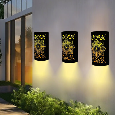 XXOASIS 1/2/3pcs Luces Solares de Pared Mate con Corte Floral Hueco y Detalles Dorados, Alta Calidad para Jardín, Patio o Valla - Iluminación Exterior Duradera en Hierro Semi-Encastrada, Idea de Regalo de Cumpleaños, Decoración Solar Colgante, Ambiente p