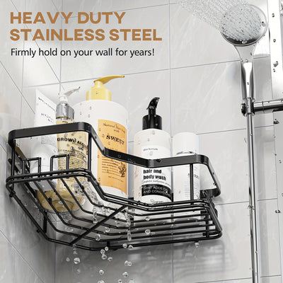2pcs Estantes de Esquina de Hierro Fundido Lacado en Negro, Organizador de Baño Montado en la Pared con Ganchos, Cestas de Almacenamiento de Acero Inoxidable para Accesorios de Baño, Organizadores y Almacenamiento de Baño