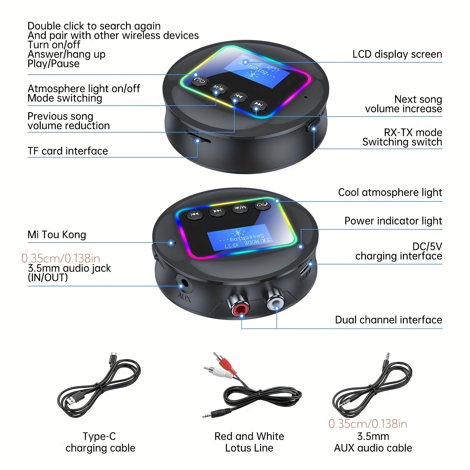 Adaptador de Altavoz sin varillas 5.4 con Pantalla Digital, Soporte para Tarjeta AUX/RCA/TF, Rango de 10m, Luz Ambiente RGB, Sonido Hi-Fi para Uso en Casa y Coche - Diseño Redondo , Alimentado por USB, Mejora del Audio Doméstico | Accesorio de Audio Mode