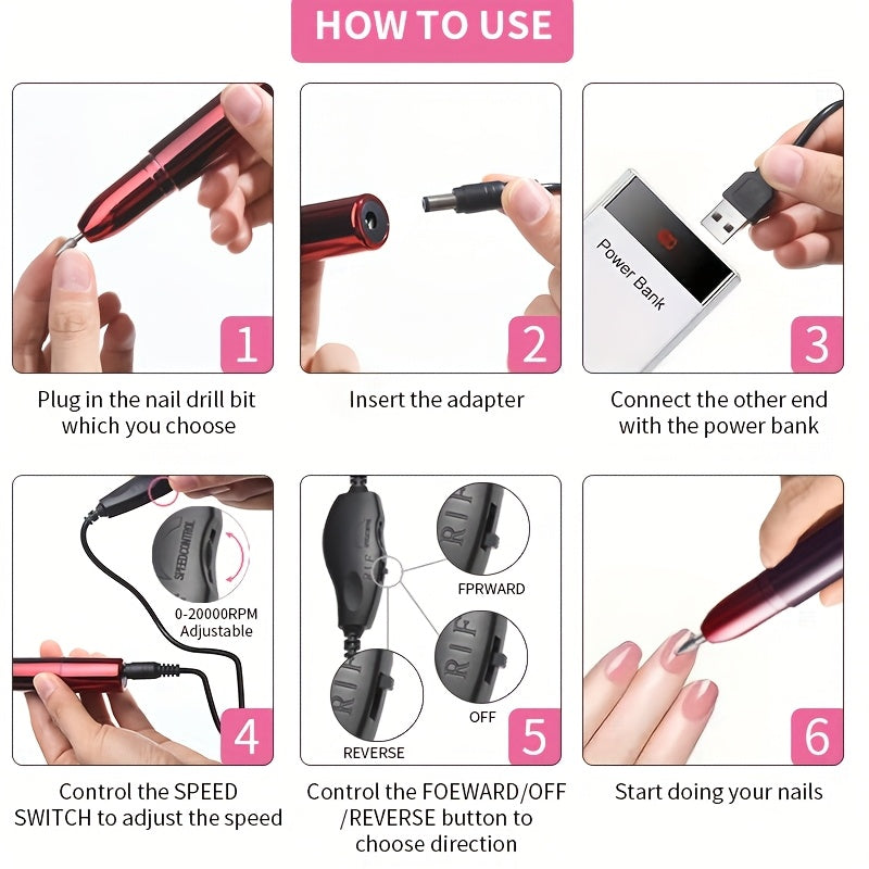 Taladro de uñas portátil, kit profesional de manicura eléctrica con 18 cabezales reemplazables, velocidad ajustable - alto RPM, ideal para cuidado de uñas y pies, incluye empujador de cutículas, regalo perfecto para mujeres, cumpleaños, días festivos y D