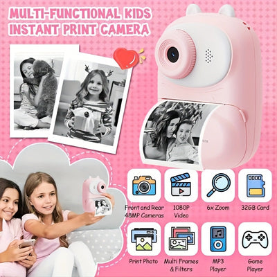 Cámaras de impresión instantánea W&O 3 rodillos - Pantalla IPS HD 1080P recargable por USB, impresora de fotos portátil con tarjeta TF de 32 GB y lector, función de temporizador, cámara digital multifuncional para principiantes, regalo perfecto para cump