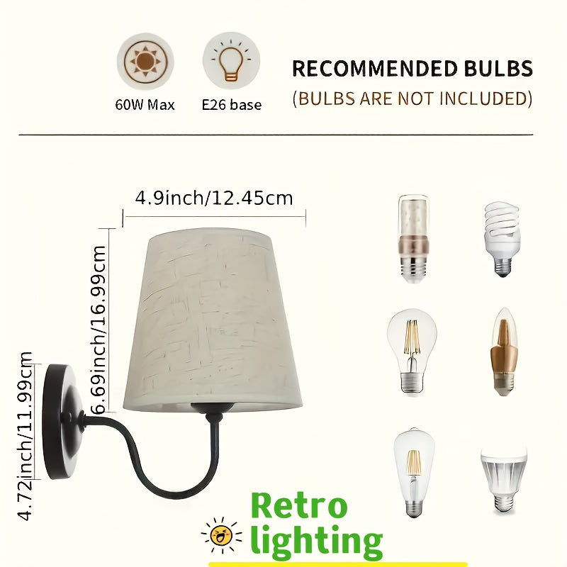 2 piezas de lámpara de pared con pantalla de lino estilo retro moderno, adecuada para dormitorio, cabecera, pasillo, hotel, cafetería, sala de estar, comedor, iluminación comercial, soporte desmontable, conexión por cableado duro, enchufe E26/E27 (bombil