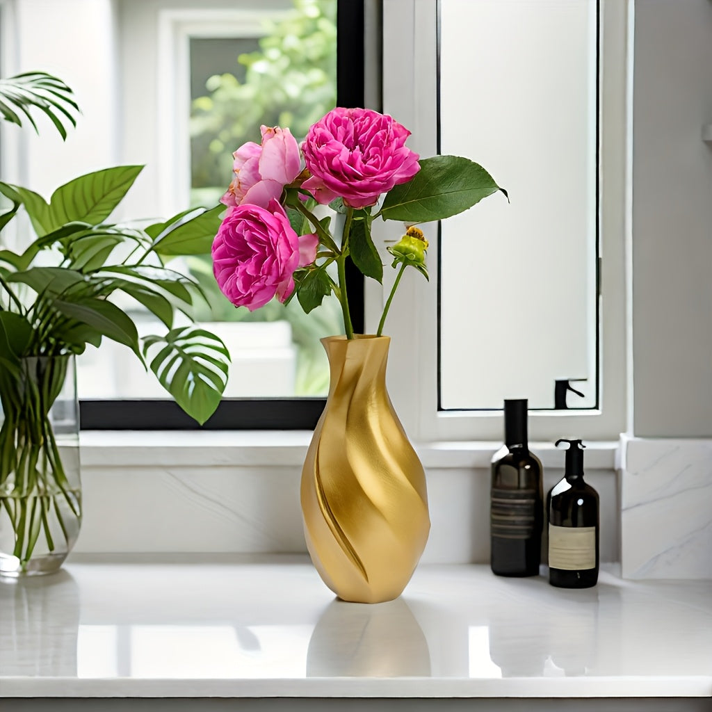 1 florero decorativo elegante de resina dorada con diseño floral rosa, estilo americano en forma de cilindro espiral, para sala, balcón o escritorio de oficina, decoración para el hogar