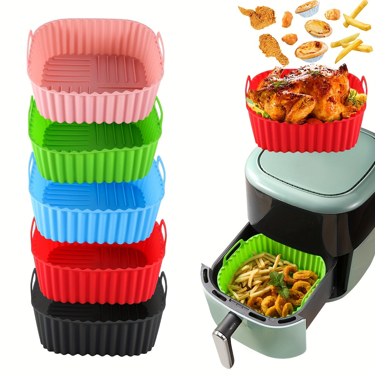 Sartén de aire de silicón cuadrado, libre de BPA, resistente a altas temperaturas, adecuado para horno, freidora de aire, olla a presión y lavavajillas.