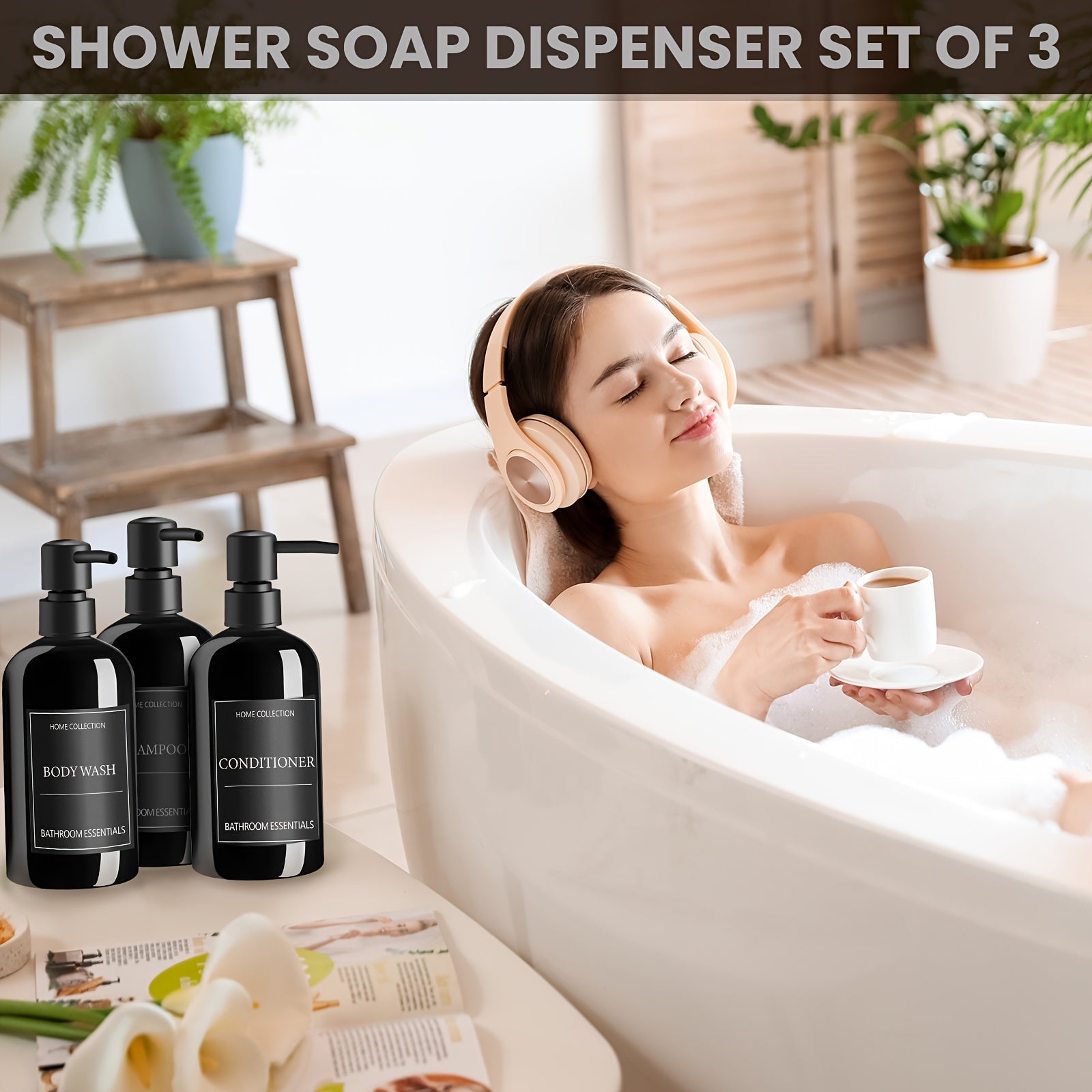 Juego de 3 Dispensadores de Champú y Acondicionador GAONLY - Botellas Modernas de PET de 16.9oz para Jabón de Ducha con Bomba y Etiquetas - Dispensadores de Gel de Baño Fáciles de Recargar para una Decoración Instantánea del Baño - Regalo de Navidad