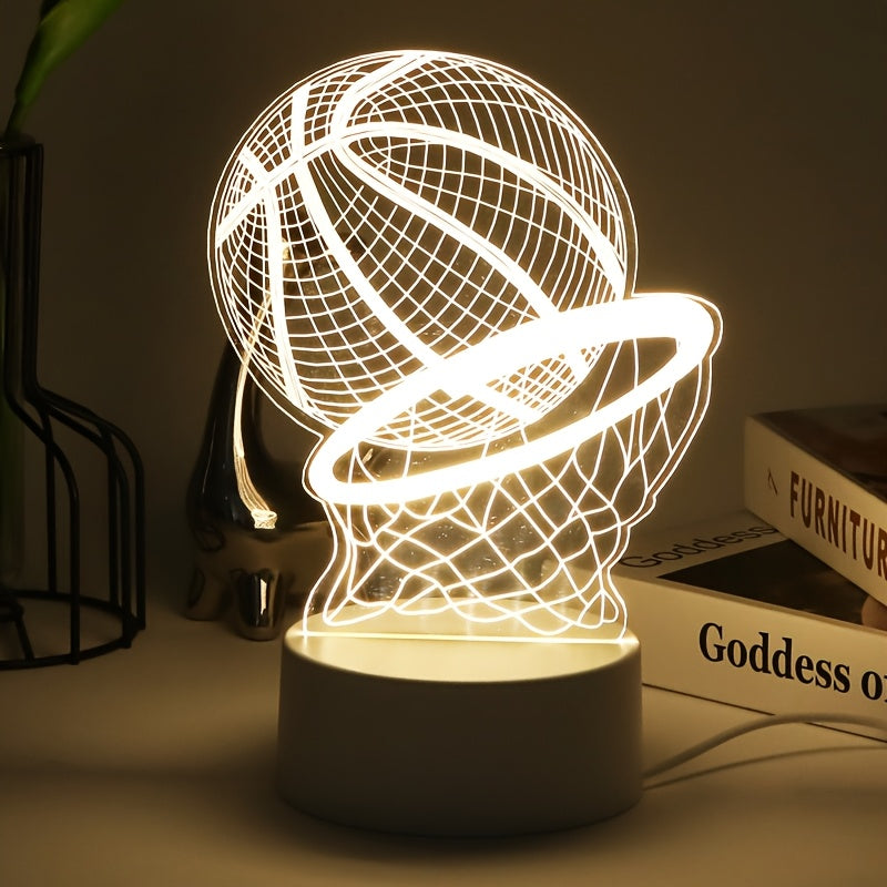 Luz nocturna LED de baloncesto 3D - Lámpara de mesa con diseño geométrico y brillo cálido, alimentada por USB, decoración moderna para dormitorio, regalo perfecto para el cumpleaños de Navidad para fans del deporte, luz nocturna para dormitorio | Ilumina