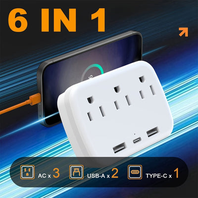 3 Enchufes de CA + 3 Puertos USB: ¡El Adaptador de Expansión de Enchufes Múltiples Definitivo con Cargador USB C!