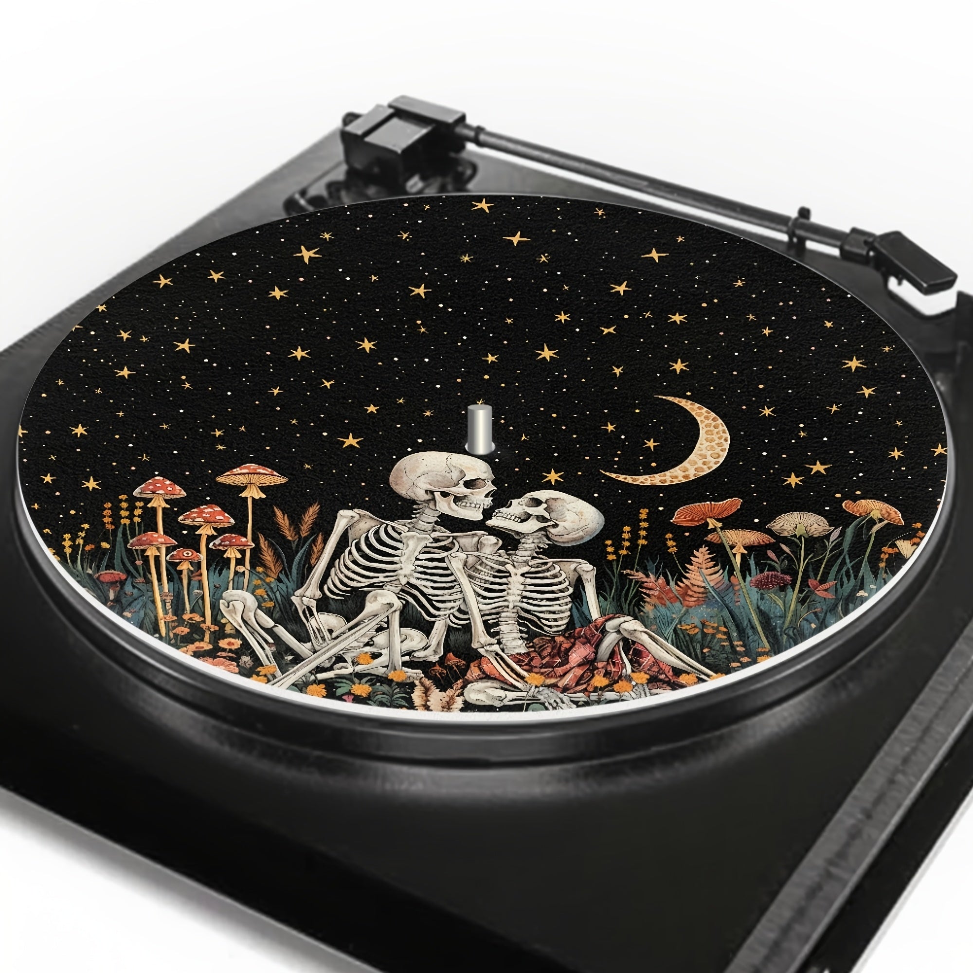 1pc Alfombrilla para Tocadiscos de Pareja Esqueleto, Tapete Mandala Floral para Reducir Estática y Ruido Mejorar Calidad del Sonido con Diseño de Plato para Vinilo