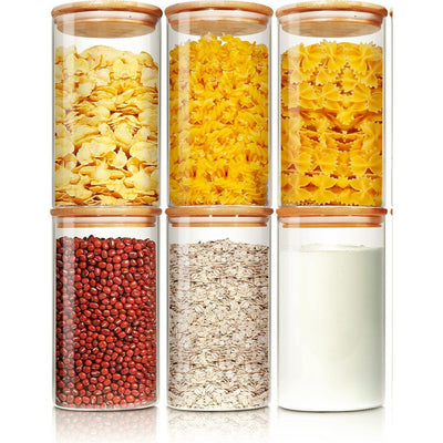 Tarros de vidrio cuadrados de 6 piezas con tapas de bambú de cierre, 27 OZ de contenedores de almacenamiento de alimentos herméticos para cocina y despensa, frascos de vidrio reutilizables para café, azúcar, té, dulces, galletas - Solo lavar a mano